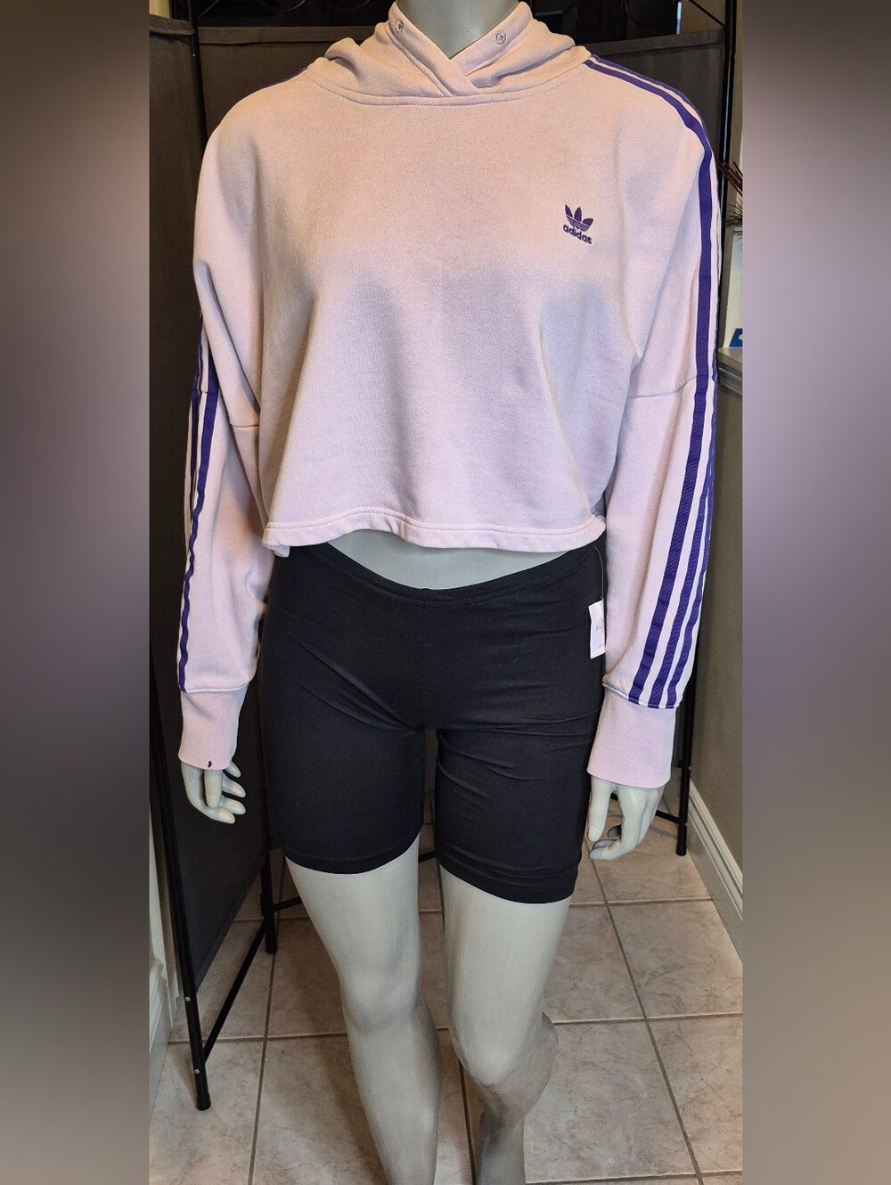 adidas Lavender Cropped Crew Sweatshirt with Purple Stripes